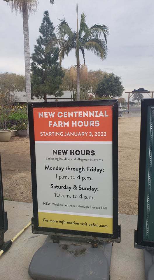 poster showing centennial farms hours: monday through friday 1 to 4 and weekends 10-4