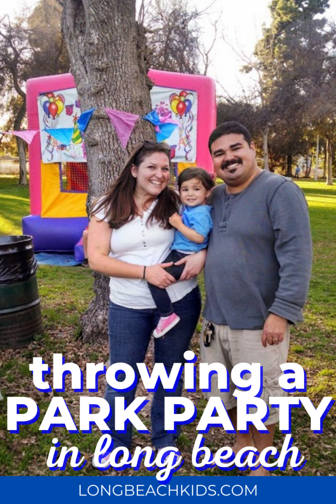 family at a park party; text: throwing a park party in long beach